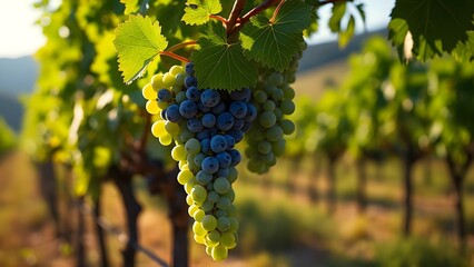 Fototapeta premium Sun-Drenched Italian-Slovenian Vineyard, Lush Schioppettino Grapes at Sunset