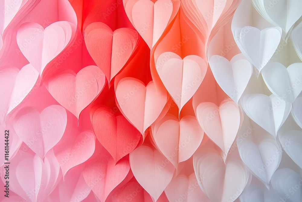 Poster a gradient of delicate paper hearts, ranging from soft pink to bright coral and white, creating a ro
