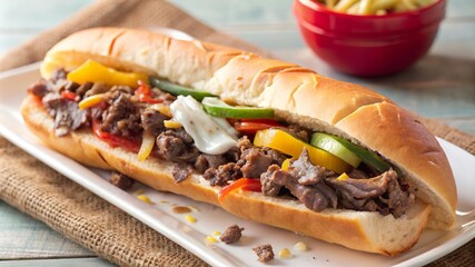 Delicious philly cheesesteak with grilled vegetables and creamy sauce served on a toasted hoagie roll