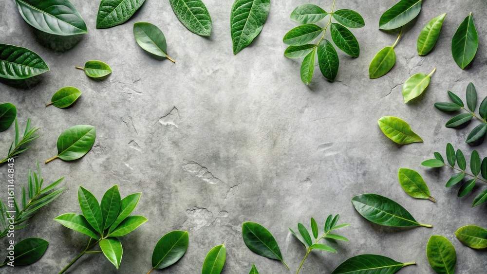 Poster A Collection of Vibrant Green Leaves Arranged in a Circular Pattern on a Textured Gray Surface