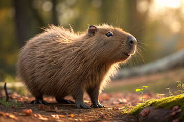 A cute 3d render, furry, spherical shaped capybara with hyperdetailed fur. He has his paws on his tummy, a smile on his face, and big eyes - generated by ai