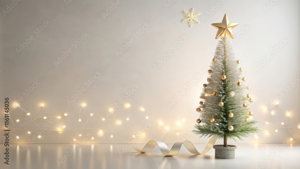 Poster A miniature Christmas tree adorned with golden ornaments and a star topper, surrounded by warm string lights and a shimmering ribbon, creating a festive atmosphere.