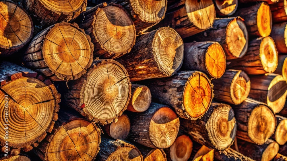 Poster A Close-Up View of a Stack of Sawn Logs Revealing the Circular Patterns of Their Annual Rings, Each One a Record of Time and Growth