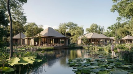 Obraz premium Luxurious resort villas nestled by a serene pond, lush greenery, and tranquil atmosphere.