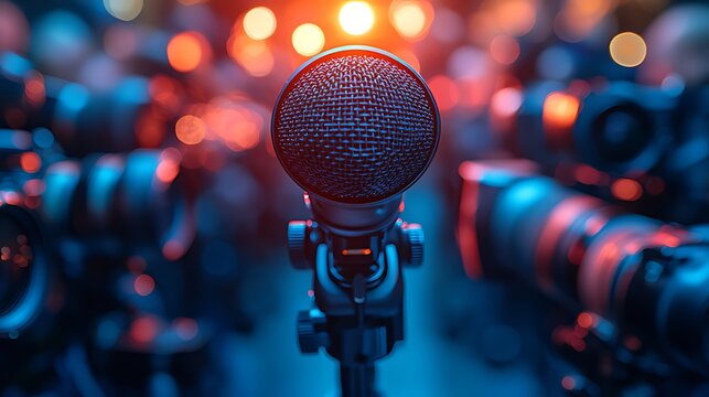 Close-up of microphone at press conference with cameras and reporters.