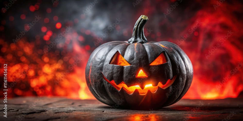 Poster A glowing jack-o-lantern with a sinister grin sits in front of a backdrop of red smoke and bokeh lights.