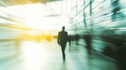 Businesspeople Rushing Through a Blurred Trade Fair Hall Scene