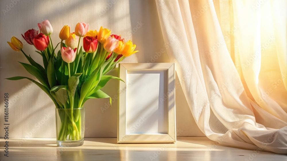 Poster A simple wooden frame and vase of multicolored tulips resting on a wood surface with sheer white curtains in the background and natural sunlight shining through the fabric.