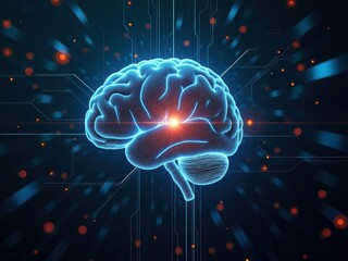 Fototapeta premium Conceptual representation of technological singularity with a digital brain illuminated against a backdrop of circuitry and data flow