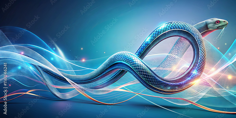 Poster a snake moves fluidly through flowing light trails, showcasing a blend of colors and patterns. the a