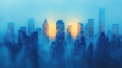 Fototapeta premium A misty city skyline at dawn, with glowing skyscrapers emerging through the fog.