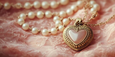 Obraz premium Golden Heart Pendant Necklace with Pearls on Lace