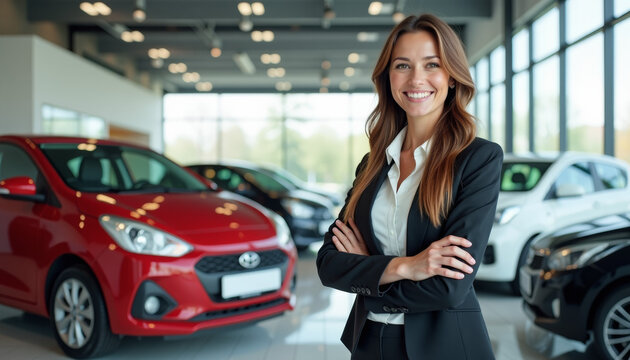 Confident Saleswoman in a Modern Car Showroom