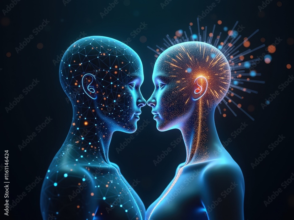Poster humans and ai entities interacting in a digital realm during the dawn of technological singularity