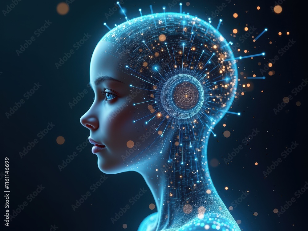 Aufkleber illustration of a human and ai entity engaged in a futuristic interaction representing technological