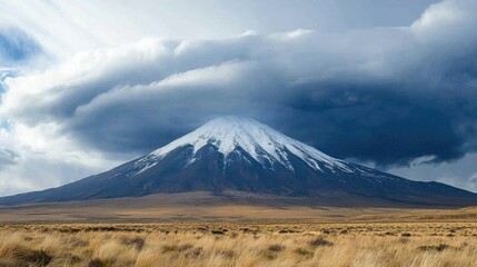 Fototapeta premium Majestic snow-capped volcano under dramatic clouds.