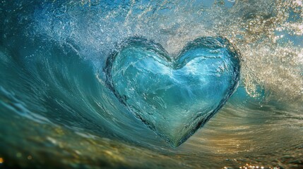 ocean wave heart captured with dynamic splash and aqua blue tones