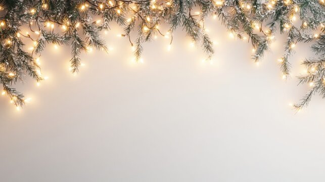 A warm, inviting scene of twinkling lights draped over evergreen branches against a soft, neutral background, evoking a cozy holiday atmosphere.