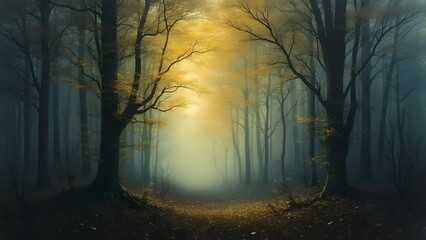 Fototapeta premium Mystical Dusk Forest, Golden Yellows and Soft Blues in a Dreamlike Woodland Setting