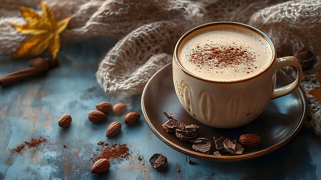 A warm cup of hazelnut latte with a sprinkle of cocoa powder, in a cozy café