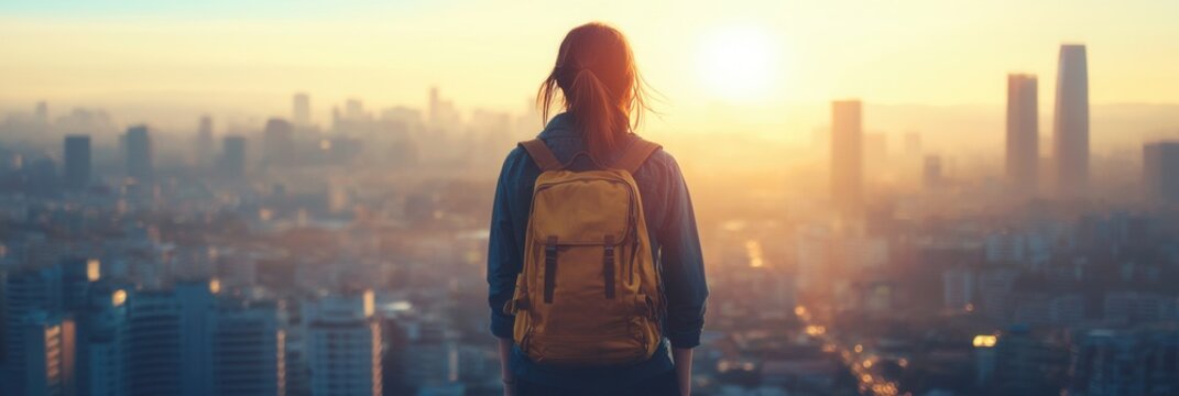 Urban explorer basking in sunlight, vibrant city skyline in the background, youthful energy and adventure embodied, clear blue sky above