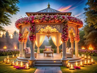 Elegant pastel pavilion, soft floral décor, firelight's warmth embraced a graceful ceremony, leading to an elegant reception.