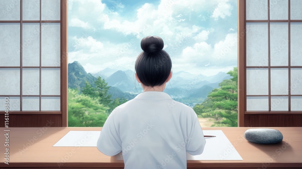 Poster a serene studio setting with a calligrapher practicing traditional chinese characters using a brush