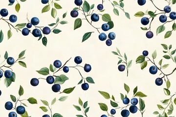 Watercolor illustration of blueberries on branches, a seamless pattern design.