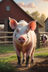 Funny pig with a smile on his face. Adorable farm animal. Perfect for children's projects, cards and illustrations. Warm light and rural atmosphere