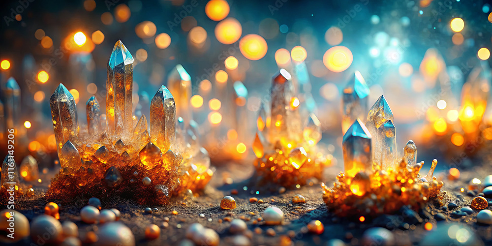 Poster shimmering crystals rise from a sandy surface, illuminated by warm light. their sharp edges reflect 