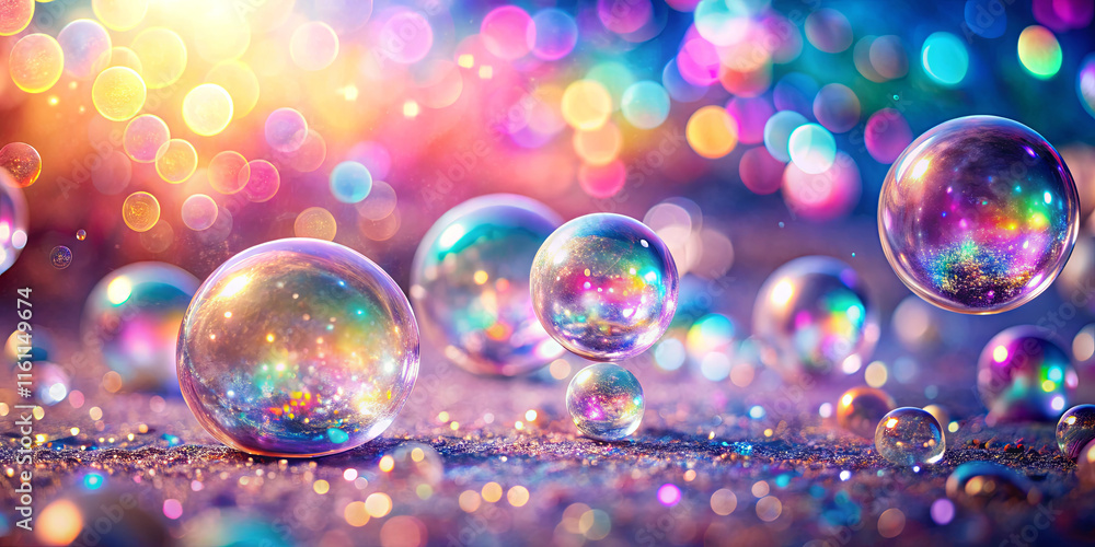 Aufkleber bubbles float gracefully in a radiant setting, capturing and reflecting colorful light. the backgrou