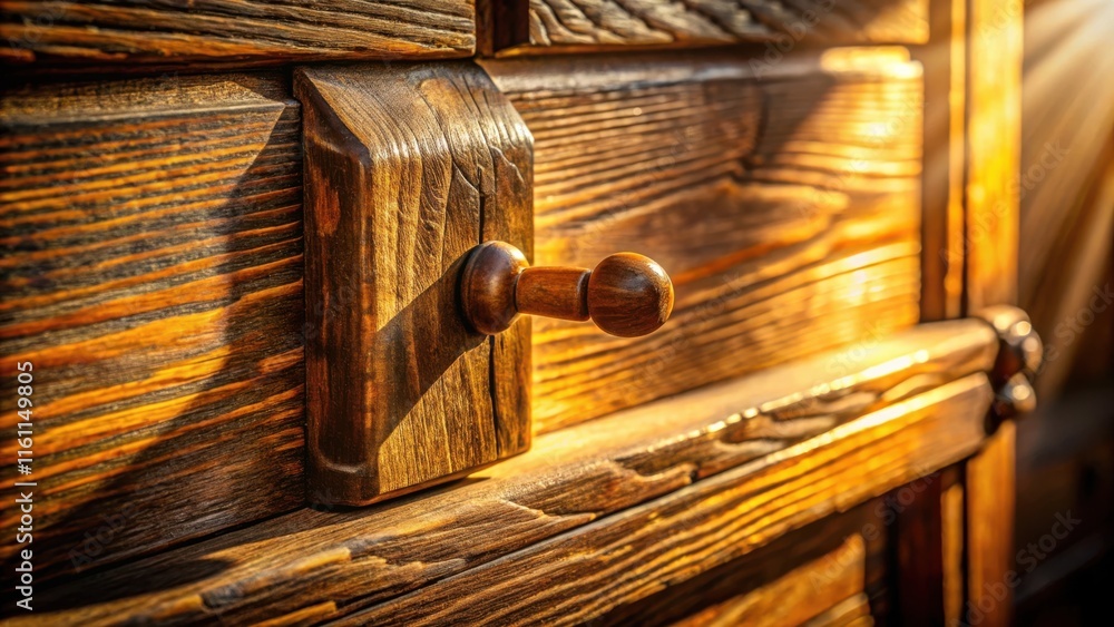 Aufkleber A close-up of a wooden drawer handle, capturing the intricate grain patterns and the warm glow of sunlight casting shadows on the surface.