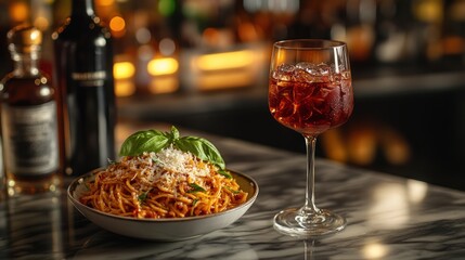 Naklejka premium Pasta dish and cocktail on a marble table.