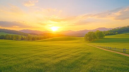 Fototapeta premium Serene Sunset over Rolling Green Hills.