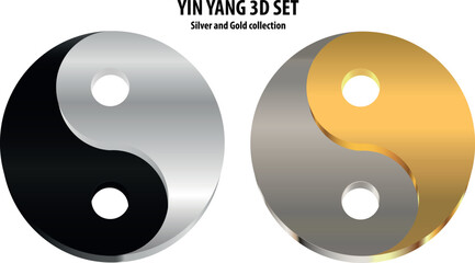 Yin Yang Set. Silver and golden metallic symbol. Elegant decorative emblem. Illustration, vector
