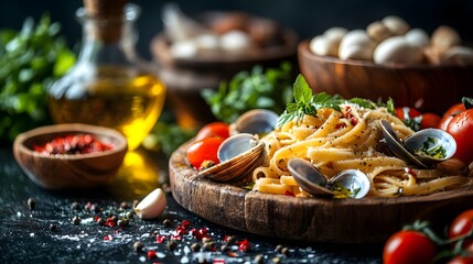 A Delicious and Artistic Presentation of Linguine alle Vongole with Fresh Ingredients