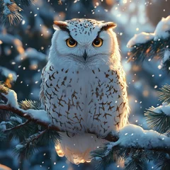 Majestic snowy owl perched on a snow-covered branch in a winter wonderland.