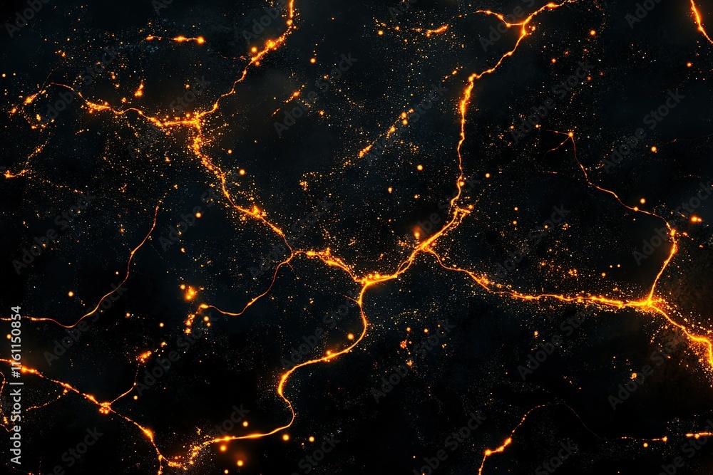 Poster glowing cracks on dark surface. abstract texture with orange lines and sparks.