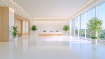 Fototapeta premium Modern Minimalist Office Lobby with Reception Desk and Natural Light.