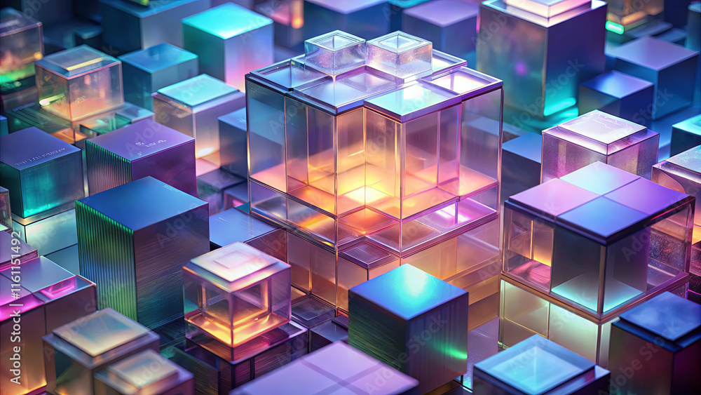 Poster a vibrant arrangement of translucent cubes creates a mesmerizing digital landscape. the interplay of