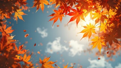 Vibrant Autumn Maple Leaves, Swirling Golden Glow Against Blue Sky - Seamless Digital Image