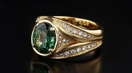 Jewelry ring with blue gemstone on a black background.