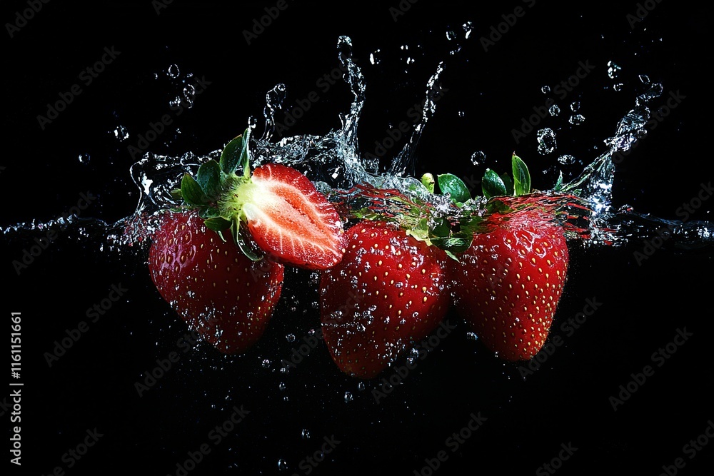Poster fresh strawberries splashing into water, creating a vibrant and dynamic image.