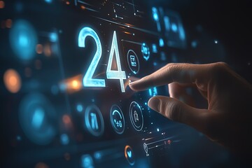 24/7 support, a finger taps a futuristic interface showing the number 24, signifying constant availability and service.