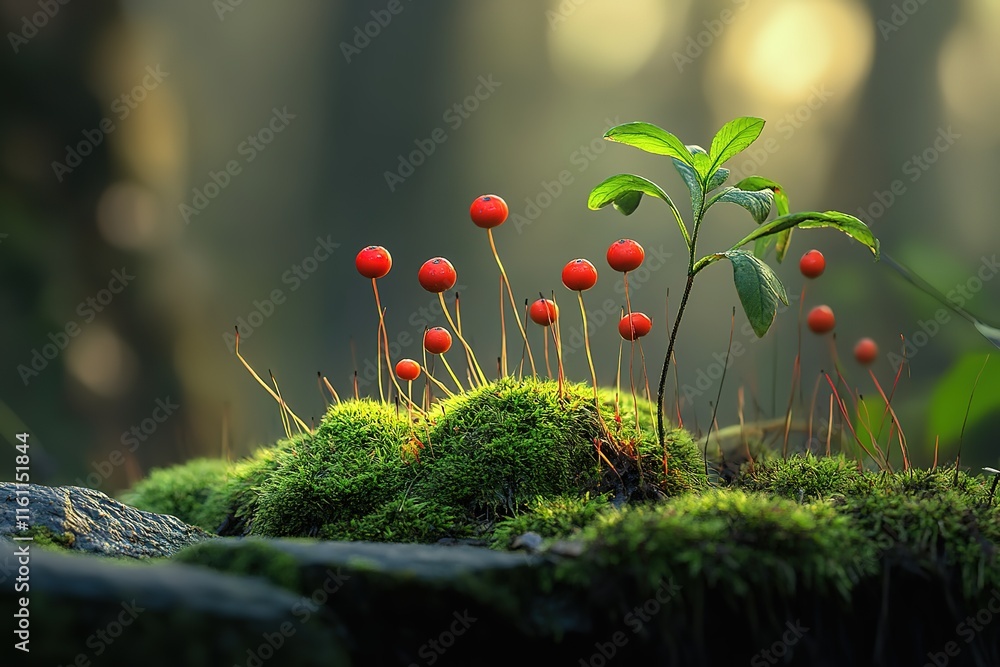 Poster red berries and green moss on rocks in a forest setting. soft sunlight filters through the trees cre