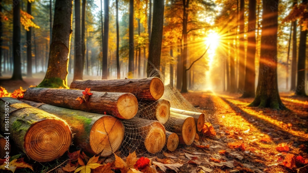 Poster golden sunlight filters through autumn forest canopy, illuminating a stack of logs covered in dewy s