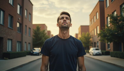 Fototapeta premium Man Contemplating the Cityscape at Sunset