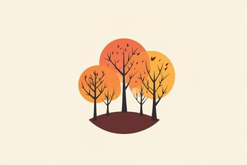 Stylized autumn trees with orange and yellow foliage against a beige background. Simple, minimalist design.