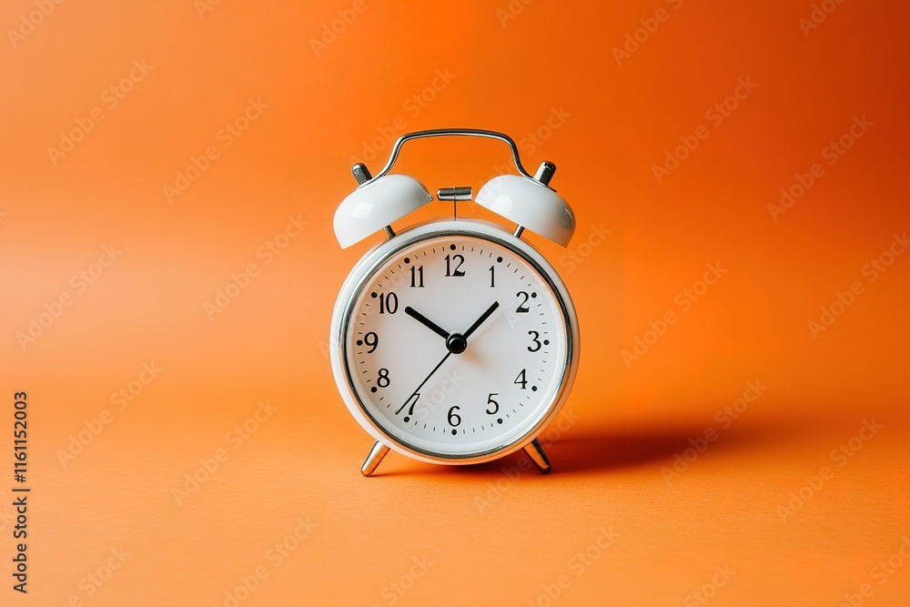 Poster white alarm clock on orange background. simple timepiece design, perfect for concepts of time manage