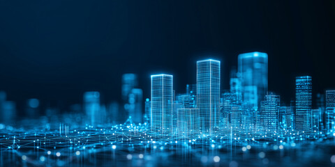 Fototapeta premium Futuristic digital art showcasing a network of interconnected skyscrapers in a vibrant cityscape at night